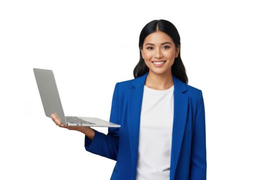 Smiling young woman in a blue blazer holding a modern silver laptop computer isolated on transparent background