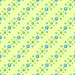 Seamless geometric pattern with shiny green and blue spheres on yellow background