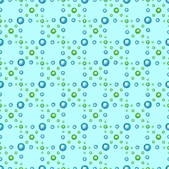 Seamless geometric pattern with shiny green and blue spheres on light blue background
