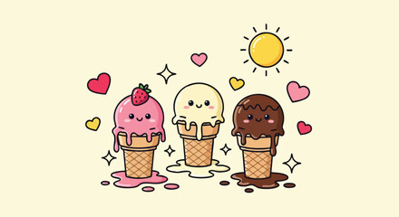 Adorable Kawaii Ice Cream Cones with Hearts and Sun illustration delightful summer treat concept