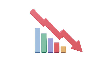 3D illustration: colorful bar chart with decreasing values. A red downward arrow signifies financial decline, market loss, negative business performance. background removed