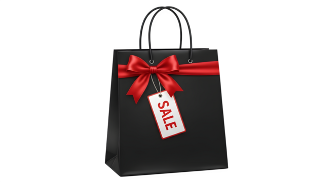 Black gift bag with red ribbon and sale tag isolated on transparent background