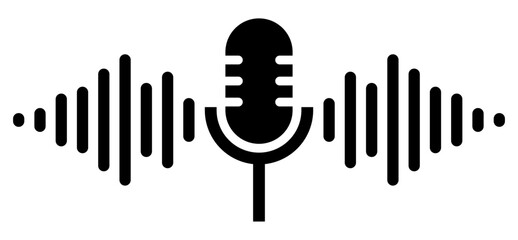 Vector illustration of a microphone with sound waves emanating from it, representing audio recording, podcasting or sound broadcasting. Design features a simple and clear symbol of sound transmission.