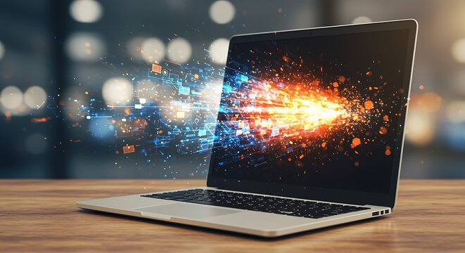 Laptop with digital data stream visual effect flowing from screen