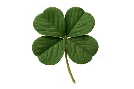 Green four-leaf clover symbolizing luck and good fortune for st. Patrick's day celebration, isolated on transparent background