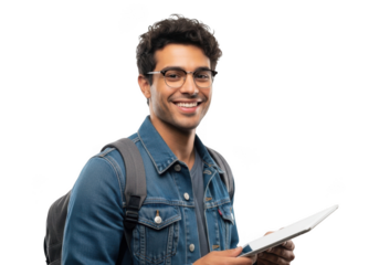 Smiling young man wearing glasses and a denim jacket holding a tablet computer with a backpack on isolated on transparent background