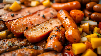 Closeup of cold cuts grilled with vegetables. Fatty, high calorie, difficult to digest dish. Variety of fried meat, sausages with corn and onions. Moving shallow depth of field shot, no people.