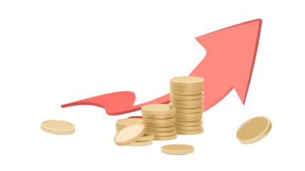 Stacks of golden coins with an upward red arrow symbolizing financial growth, investment returns, and increasing wealth. Economic success and business profit. background removed
