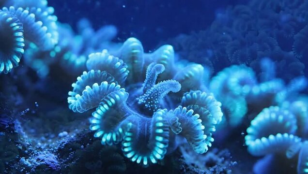 Close-up of vibrant blue coral polyps thriving in a marine ecosystem under the sea
