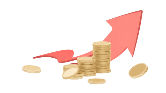 Stacks of golden coins with an upward red arrow symbolizing financial growth, investment returns, and increasing wealth. Economic success and business profit. background removed