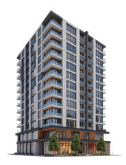 Obraz premium Modern residential building with balconies isolated on a transparent background
