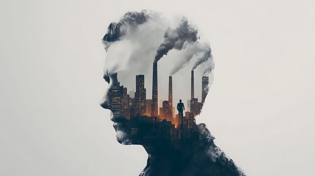 A double exposure image blending a man's profile with an industrial cityscape and smoke, symbolizing the connection between humanity and environmental impact.