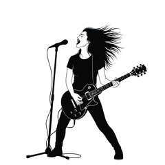 Naklejka premium Powerful female rock guitarist and vocalist singing on stage with dynamic hair illustration Vector