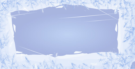 Frozen pattern on winter window. Blue ice winter background, texture blue wallpaper.  illustration.