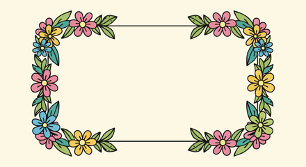 Whimsical floral border with pastel blossoms and green foliage framing a central empty space for text