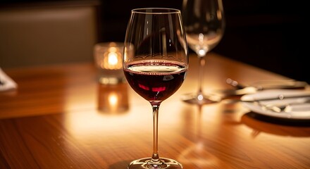 Elegant Red Wine Glasses with Soft Candlelight on Wooden Table for Romantic Dinner