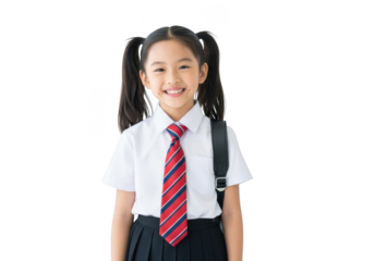 A cheerful young asian schoolgirl with pigtails wearing a white collared shirt and red striped tie with a backpack isolated on transparent background