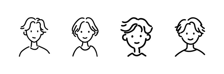 Fototapeta premium Four Male Faces Line Icon Set In Doodle Style. Diverse Hairstyles And Expressions Outline Sketch Collection. Character Design And Illustration. Hand Drawn Isolated Vector Illustration