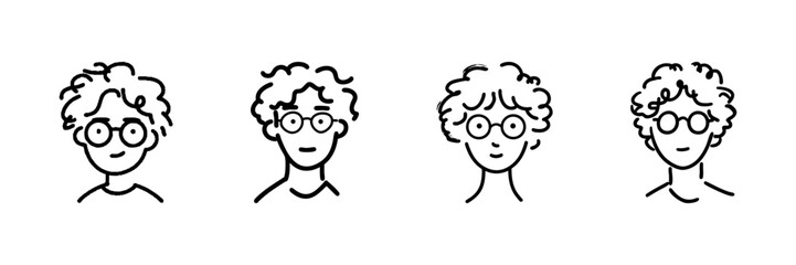 Obraz premium Curly Haired Characters With Glasses Line Icon Set In Doodle Style. Diverse Facial Expressions And Hairstyles Outline Sketch Collection. Hand Drawn Isolated Vector Illustration