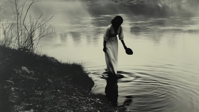 Vintage style woman washing hat in river water