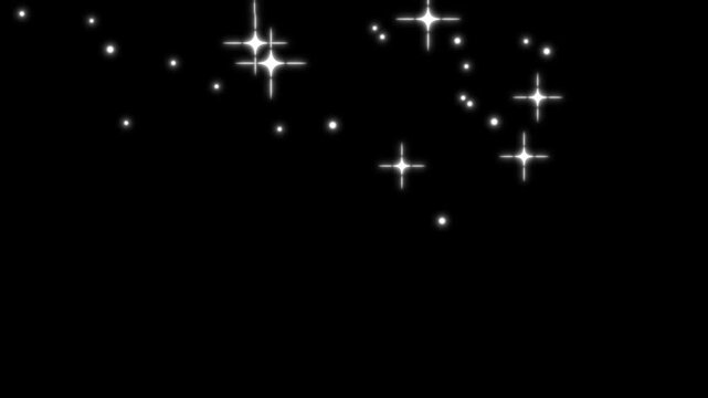 Glittering white stars twinkle on a pure black screen with blinking doodle sparkles, glowing vector shine, shimmering particle dust, and looping 4K magic glitter trails for starry night animation