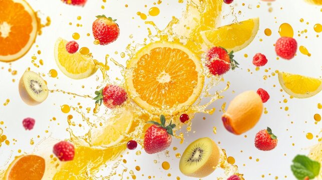 Fresh fruits and juice splash in a colorful arrangement with vibrant colors and droplets on a white backdrop - Powered by Adobe