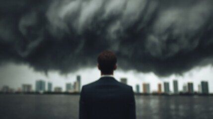 A man in a suit stands by the water, gazing at a dark, stormy sky above a city skyline, evoking feelings of uncertainty and tension.