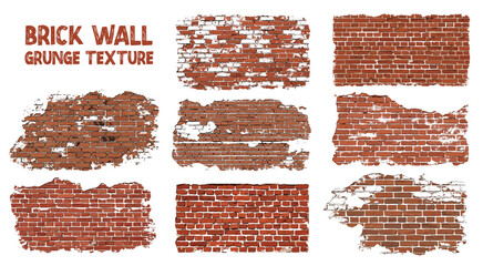 Red Brick Wall Grunge Texture Collection with Weathered Distressed Surface and Vintage Architecture Pattern Set