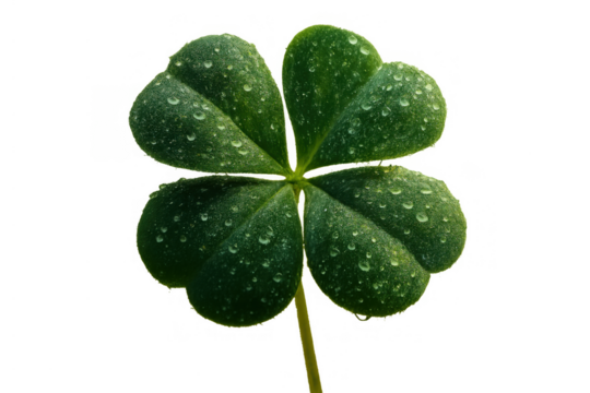 Four leaf clover showing green leaves with natural dew drops, symbolizing luck, fortune, and nature on a transparent background