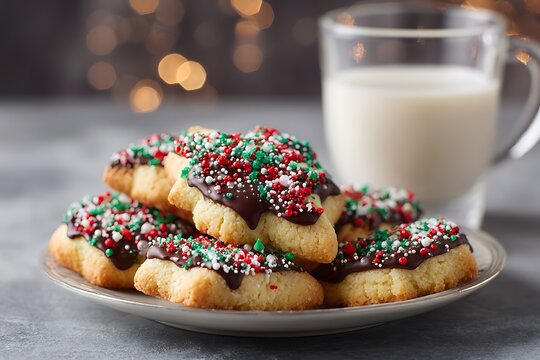 A plate of Christmas shortbread cookies dipped in chocolate and decorated with festive sprinkles, beside a glass of milk 