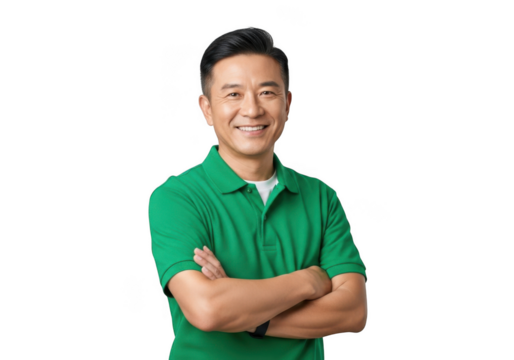 Smiling asian man with short dark hair wearing a green polo shirt with arms crossed isolated on transparent background