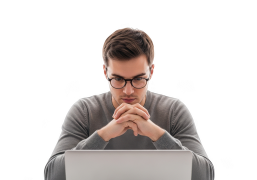 Young man wearing glasses intently focused on a laptop screen with hands clasped in contemplation isolated on transparent background - Powered by Adobe