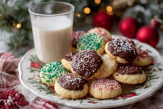 A plate of Christmas shortbread cookies dipped in chocolate and decorated with festive sprinkles, beside a glass of milk