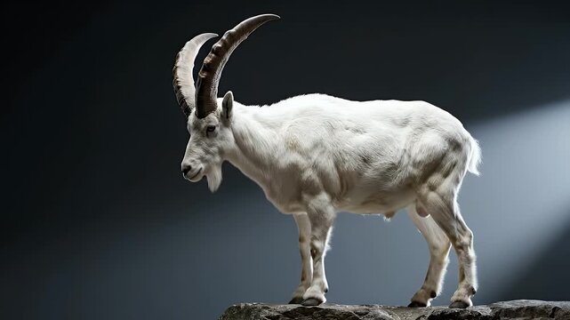 Majestic White Mountain Goat Perched on Stone Pedestal With Dark Backlight