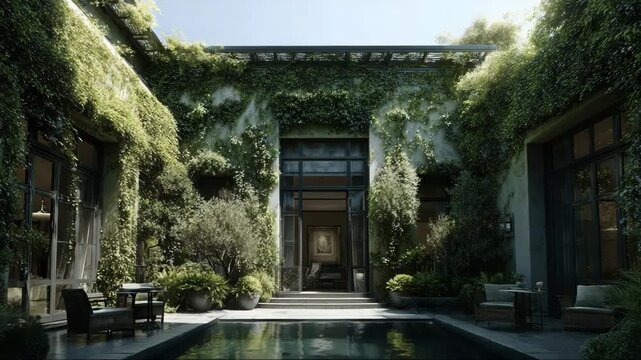 Modern courtyard with lush greenery around a tranquil pool  