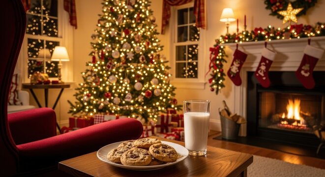 christmas fireplace with christmas tree and cookies with hot milk - Powered by Adobe