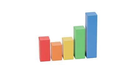 A vibrant 3D bar chart illustrating data visualization with five progressively taller, colorful columns (red, orange, yellow, green, blue). background removed