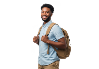 Smiling young african american man with backpack standing confidently isolated on transparent background