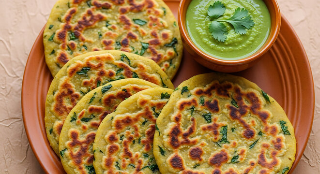 A topdown view showcases a plate of golden, homemade indian flatbreads, or thepla, served with a vibrant green chutney, offering a taste of authentic and flavorful cuisine