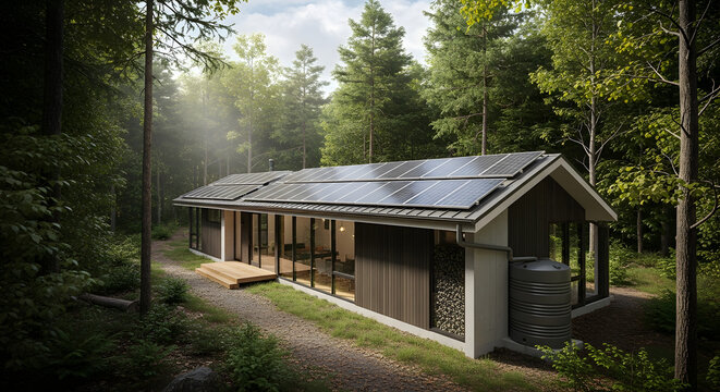 Exterior view of contemporary house with solar panels and rainwater tank demonstrating green energy efficient solutions in forested area showcasing sustainable architecture