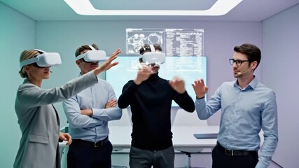 Innovative Business Team Collaborates with VR Headsets and Interactive Holographic Data in a Futuristic Office. - Powered by Adobe