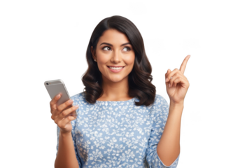 Smiling young woman holding a smartphone and pointing upwards with her index finger isolated on transparent background