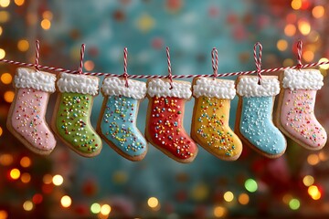 A row of Christmas stocking cookies decorated with colorful icing and sprinkles, hanging on a string against a festive background 