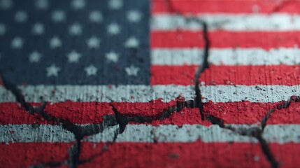 A close-up of a worn American flag with cracks, symbolizing resilience and a weathered national identity.