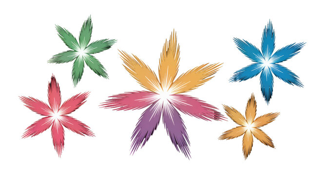 A vibrant collection of stylized, multi-colored flowers with spiky petals and glowing centers, set against a dark transparent background. background removed