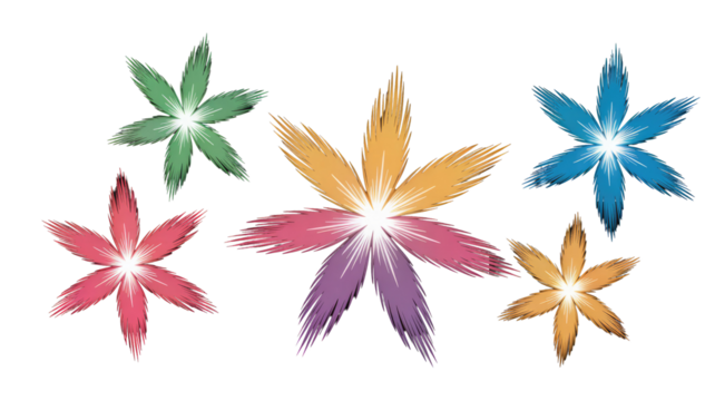 A vibrant collection of stylized, multi-colored flowers with spiky petals and glowing centers, set against a dark transparent background. background removed - Powered by Adobe