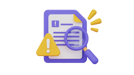 3D render of a document with a magnifying glass, warning signs, and an exclamation mark, symbolizing important search or error found. background removed