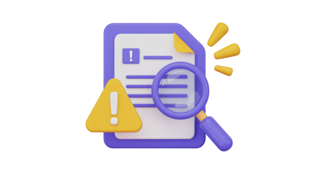 3D render of a document with a magnifying glass, warning signs, and an exclamation mark, symbolizing important search or error found. background removed