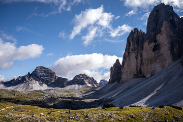 Nature landscape around the Tre Cime di Lavaredo (Three Peaks), Tre Cime Natural Park, Southern Dolomites, Italy. Rifugio Auronzo &ndash; Rifugio Lavaredo &ndash; Rifugio Locatelli &ndash; return via Pian di Cengia.