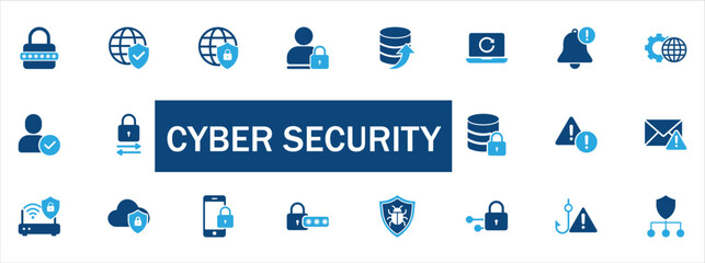 Cyber Security icon set. Featuring data protection, network safety, user access, server security, antivirus, and VPN concepts. Perfect for IT solutions, digital privacy, app and web security designs.